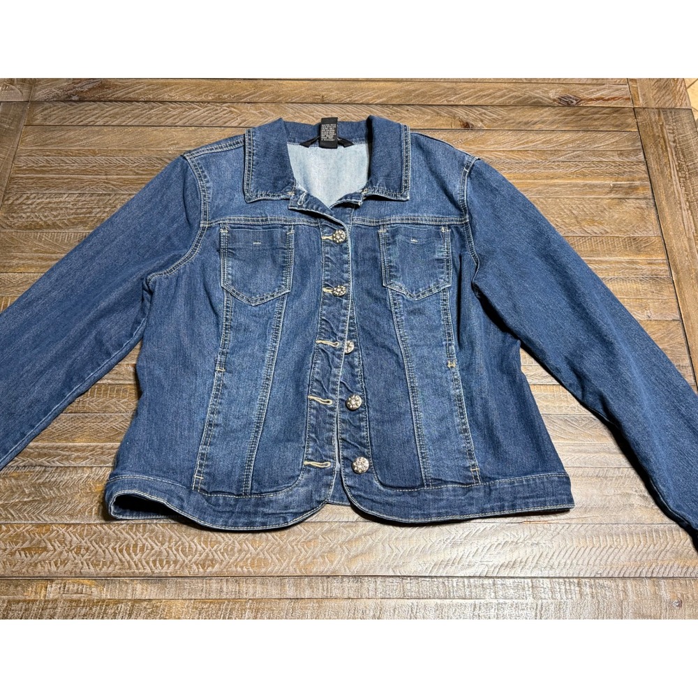 Baccini Denim Jacket Women Large Blue New Rhinestone Button Stretch Classic